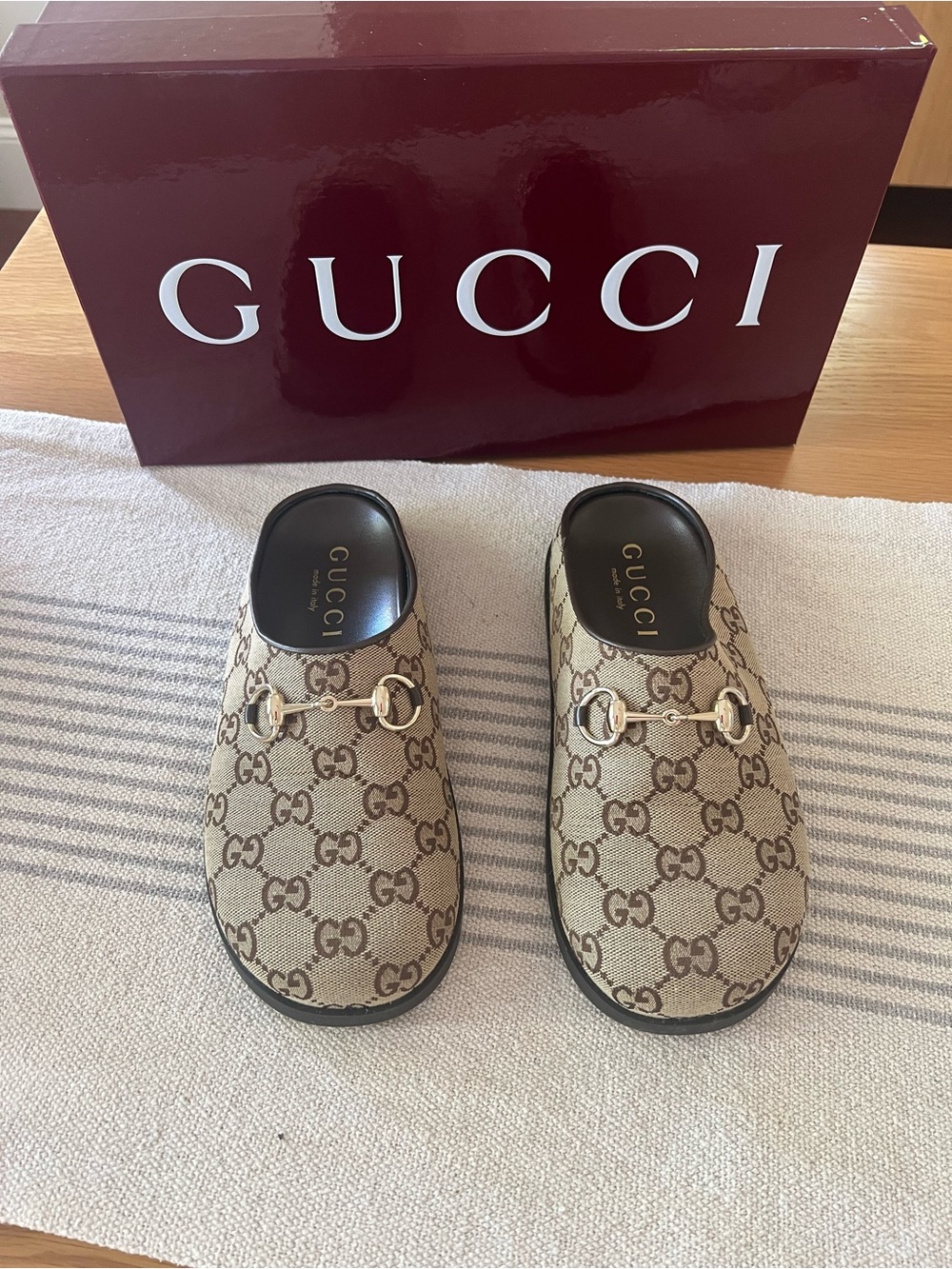 Gucci Brown and Beige GG Canvas Horsebit Slide